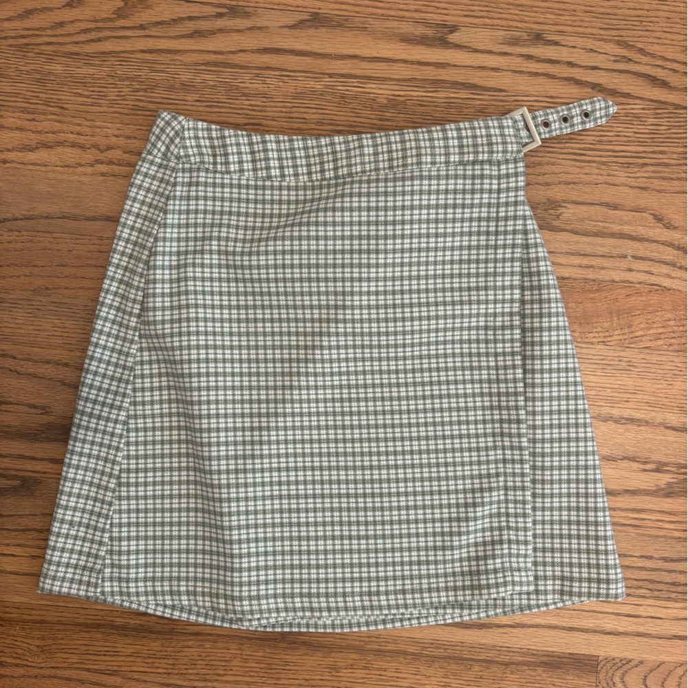 John Galt Brandy Melville Soft Green White Plaid Mini Cara Skirt Wrap Buckle